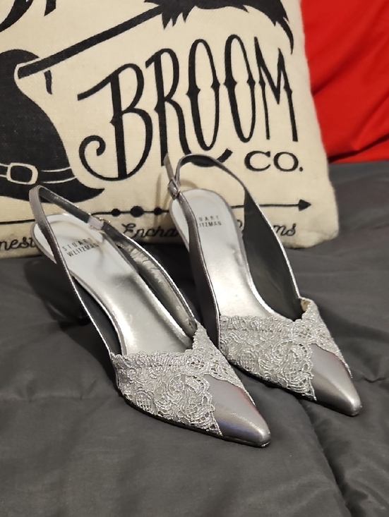 Stuart Weitzman Shoes - Stuart Weitzman Silver‎ Lace Pointed Sparkley Slingback Heels Size 6